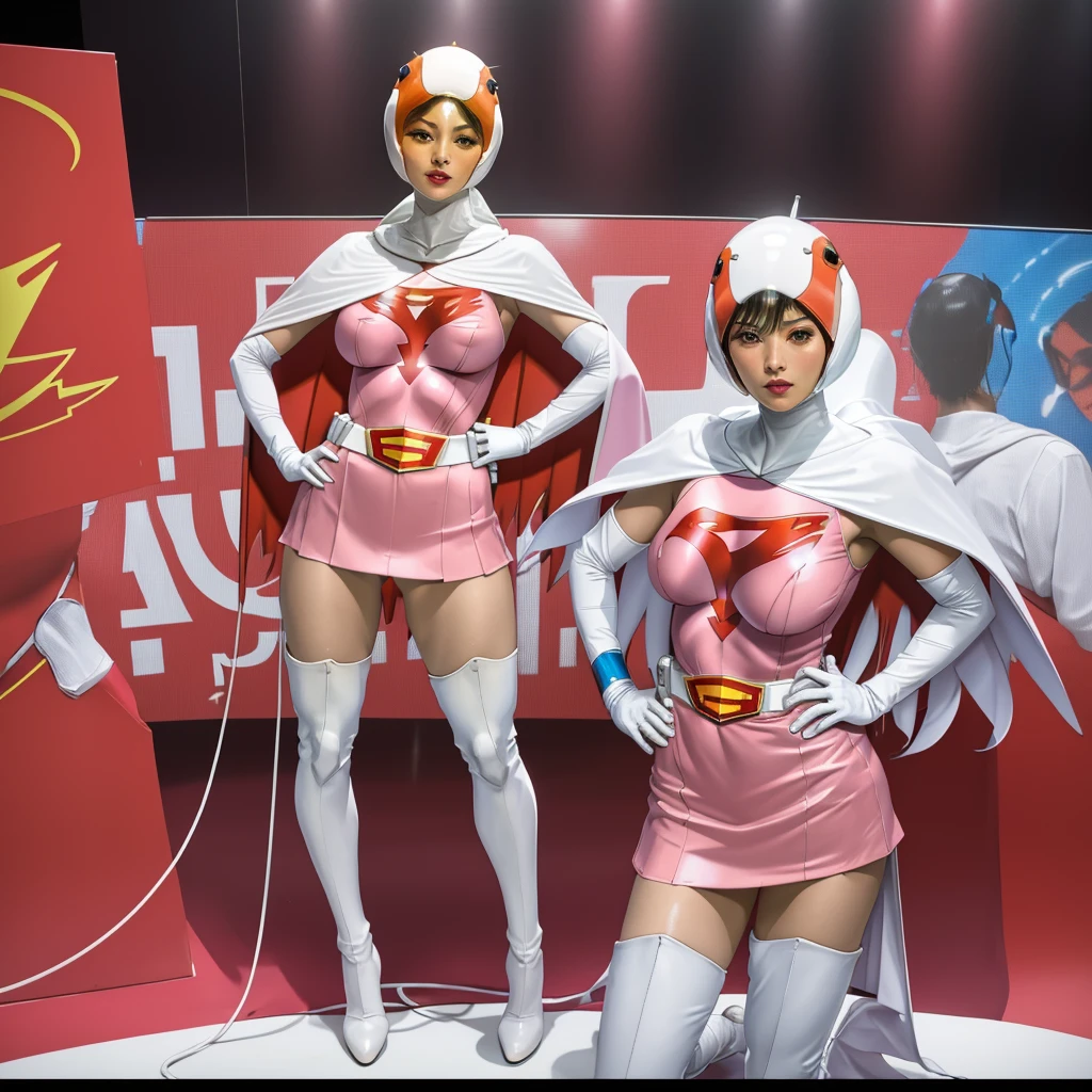 ANI_CLASSIC_jun_gatchaman_ownwaifu,1girl, ,good anatomy, masterpiece, best quality,realistic, hyper realistic, 16k hdr, long hair,breasts,lips,large breasts,lipstick,makeup,gloves,cape,helmet,belt,elbow gloves,white gloves,mask,ultra miniskirt,leotard,spacesuit,white tight overknee highheels boots,pink dress,superhero,bodysuit,cleavage,erected nipples,(stand pose,hands on hip),(spread legs:1.1),cameltoe