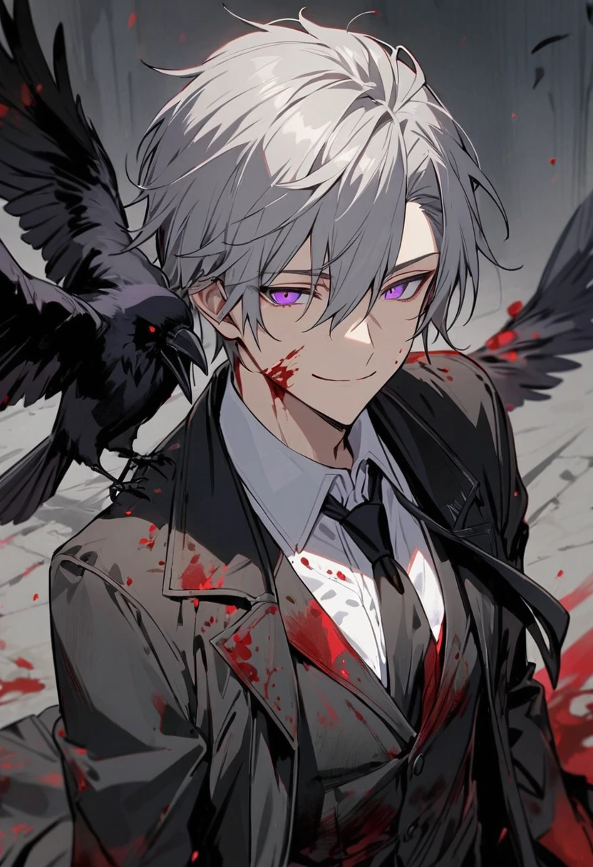 good looking, alone, Male Focus, 1 male, White collared shirt, (Blood_upon_Clothes), Gray Hair, Purple eyes, Smile Facial, Black tie, Black coat, skull, Crow