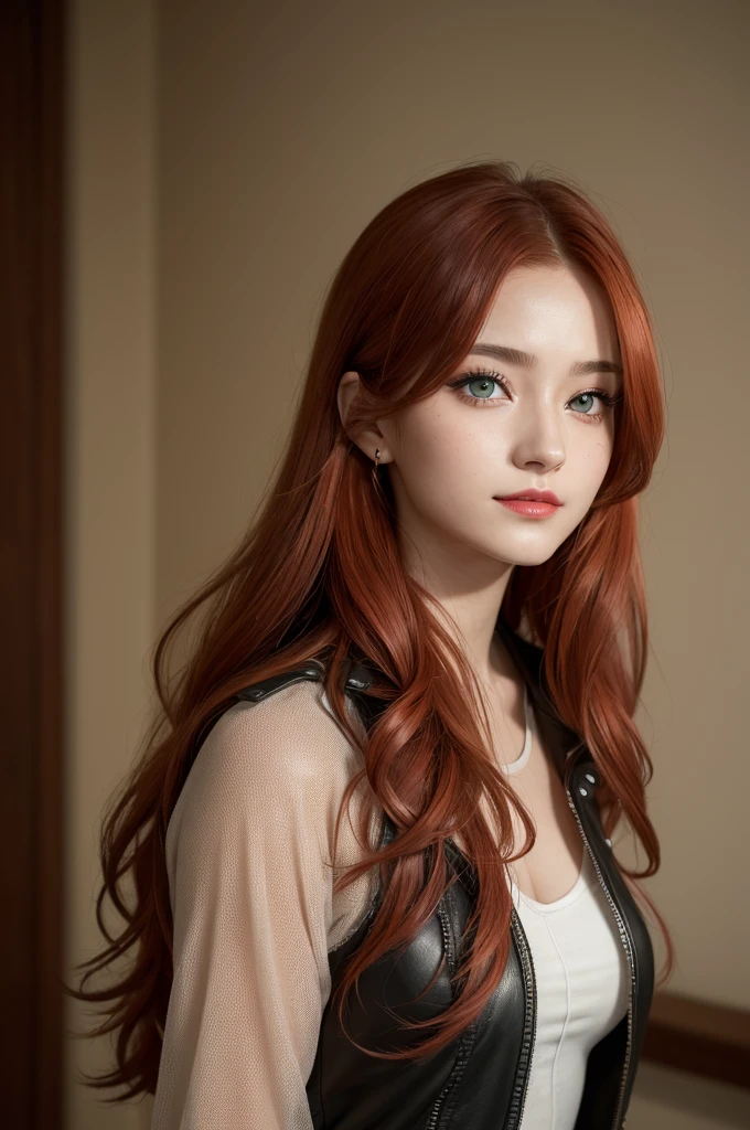 sansa stark,(Masterpiece artwork, the best quality, fotorrealisitic, High resolutions, cinematographic, :1.3), Upper body selfie photo, sharp focus, 1 king, european girl, Hot model, diaphragm, Highly detailed green eyes and pupils, pele realisitic, slim body shape, decolletage, Extremely detailed hair, They are smiling, sexly, , ((realisitic, super-realisitic, 真实感, detalhes realisitics)), sunset glow humana , sunset glow , mlp , Cute makeup Red lips , red hair with golden highlights , redheadwear ,beautiful smiling , biker clothing , grite grunge ,breasts big , breasts big , Cute makeup , Red lips , greeneyes , glare eyes , chica sexly , beautiful girl , , Beautiful 15 years old