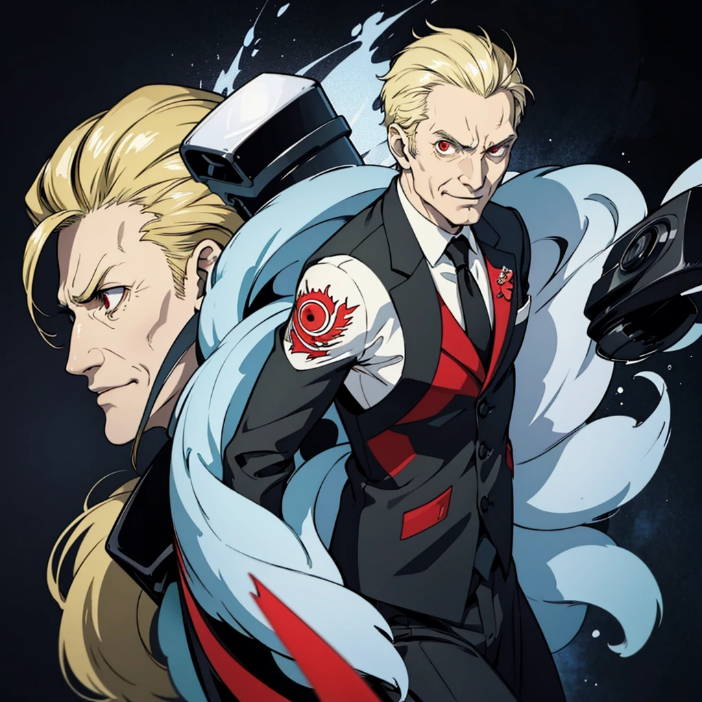 1 old man, blonde hair, suit, portrait, red eyes,furious,evil smile,80 years old,full body,whole body,