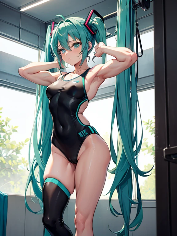 (nsfw),Hatsune Miku, wearing a sportswear, trains intensively in a bodybuilding gym, buff, looking a viewer, weights, musculature , workout, Thigh muscles, muscle arm,