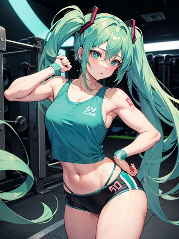 (nsfw),Hatsune Miku, wearing a sportswear, trains intensively in a bodybuilding gym, buff, looking a viewer, weights, musculature , workout, Thigh muscles, muscle arm,