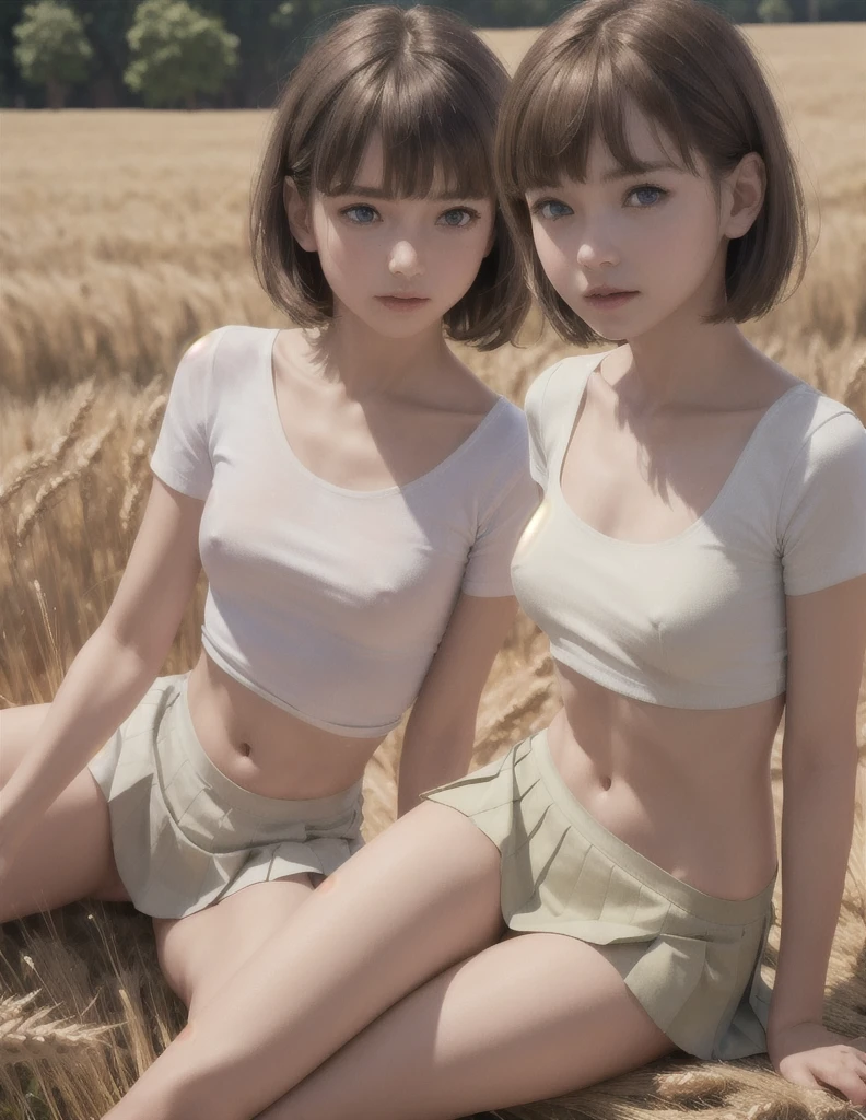 A slim, small-waisted girl with flat chest and perky breasts, bangs, short brown hair with sidelocks and blunt bangs, green eyes, detailed eyes, wearing a light white shirt with short sleeves and a pleated light high waisted micro skirt, transparent, sitting in a field of wheat, sweat, (best quality,4k,8k,highres,masterpiece:1.2),ultra-detailed,(realistic,photorealistic,photo-realistic:1.37),HDR,UHD,studio lighting,ultra-fine painting,sharp focus,physically-based rendering,extreme detail description,professional,vivid colors,bokeh,portraits
