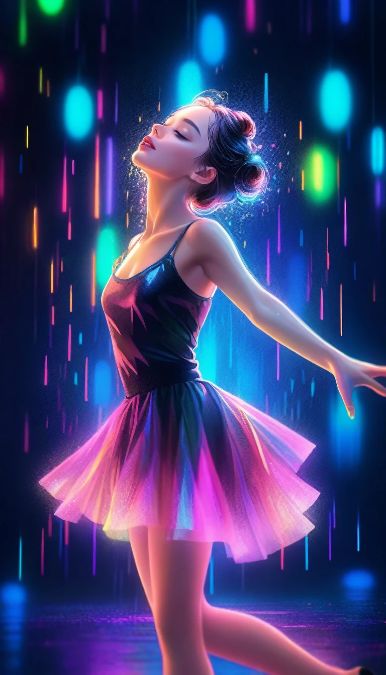 a girl dancing in neon raindrops, beautiful detailed eyes, beautiful detailed lips, extremely detailed eyes and face, long eyelashes, elegant ballet dancer, graceful flowing movements, dynamic pose, neon lights, vibrant colors, glowing neon raindrops, cinematic lighting, surreal fantasy, digital art, 8k, high quality, masterpiece, photorealistic