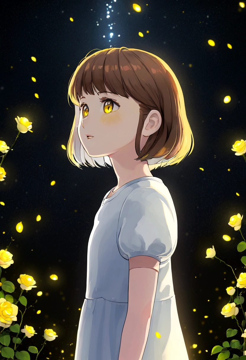 face focus, masterpiece, best quality, 1girl, Frisk, white roses, petals, night background, fireflies, light particle, solo, Brown hairs, yellow eyes, standing, pixiv, depth of field, cinematic composition, best lighting, looking up
