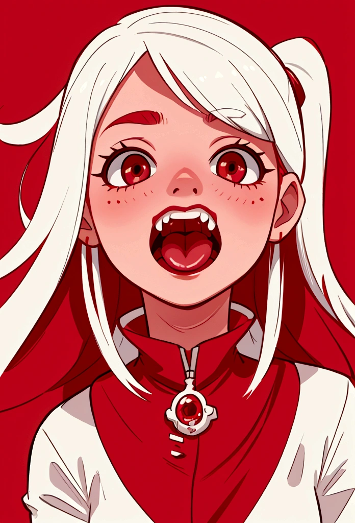 Girl sticking out her tongue, normal tongue, with an intense red color, white teeth, a profiled nose.