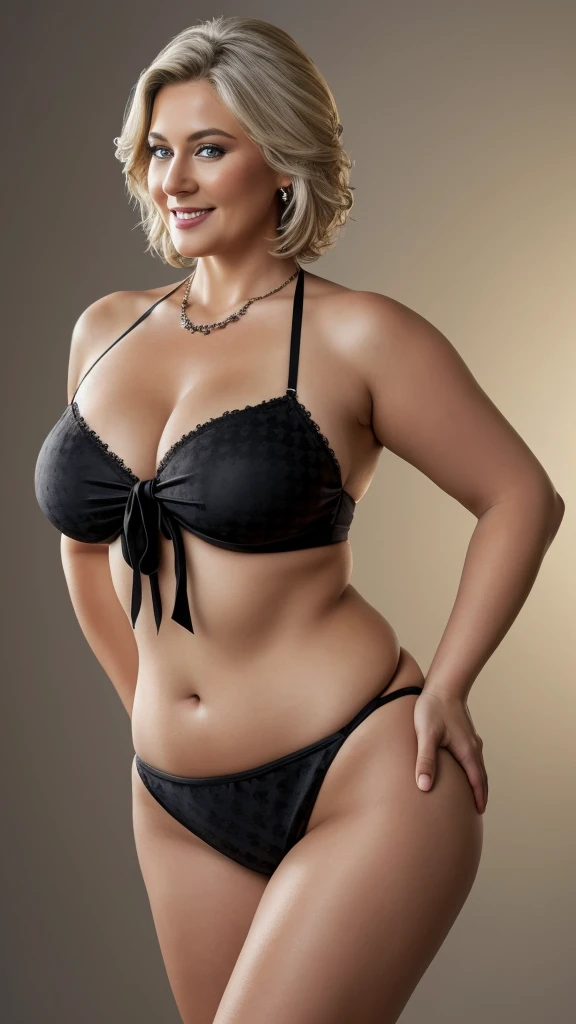 1 mature woman in, age50, Solo, medium casual hair, Bob hair, curvy body, Looking at Viewer, grayblondehair, Bare shoulders, Brown eyes, jewely, Full body, a necklace, off shoulders, (wearing elegant patterned tie tube Lacy black heart Bikini), Distant photo, Realistic, A sexy one, beautiful colour, Perfect skin, 3 bust size, instagram (Realistic, A high resolution),photo size 3:4, 1 cute sexy mature woman, large expressive blue eyes, happy, (8K, raw photo, Best quality, High detail, curvaceous forms, curvy body, seductive pose, in the studio Foto with three ports lighting, black wall background. She smile with Extraordinary Pleasure expression. Her back is turned to the photographer