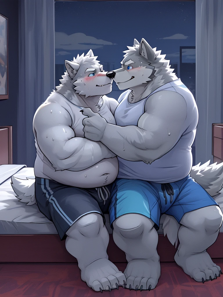 (New Jersey 5) anthro, Wolf ,Chubby,Fat,Thick arms,) Rugged muscles,(((White skin))),Solitary,Chubby Face,Sky blue eyes,(sweat),(smirk:1.2),(Wolf is sitting next to the anthro Wolf showing his feet pointing at them)
BREAK
(anthro Wolf, smirk),(no t-shirt),(swim trunks),(Wolf Sitting on the bed next to the wolf wrapping each other's arms kissing the other one blushing),(Bedroom at night),(panorama:1.2),