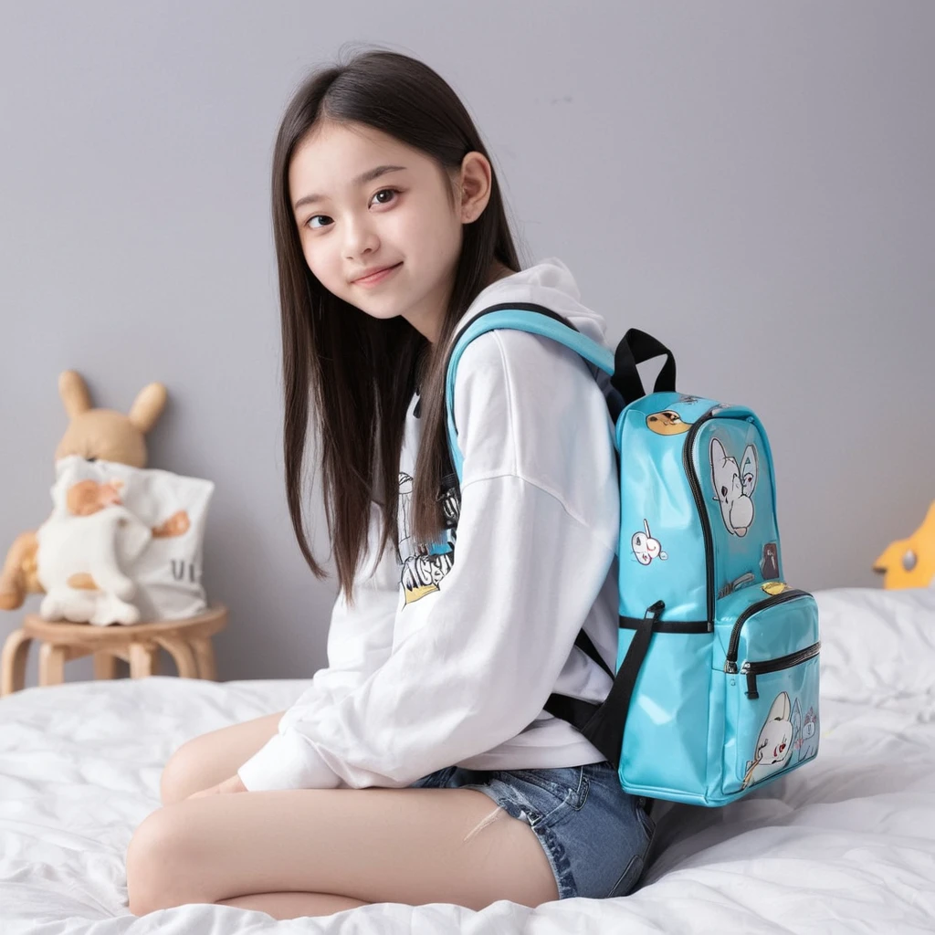 Ponytail hair cute teen backpack with sitting on bed tin body