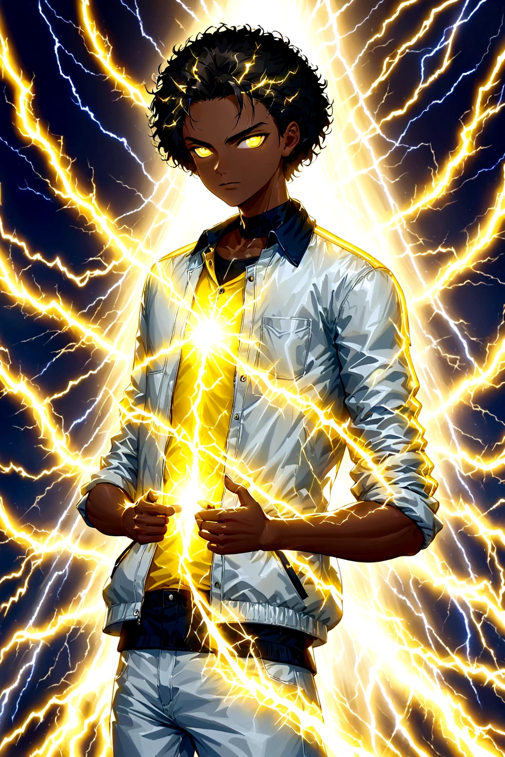 [work of art], [ultra detaild], [best qualityer], young man with dark skin strikes an imposing pose with powers of lightning and thunder that surround his body, short afro hair, serene gaze, 2000s modern casual clothing, (bright look), (rays volumetric yellow light), conjures lightning and thunder with volumetric light, conjures thunder in hands, conjures thunder on your fingers, rays expel into the body, rays in the eyes, lightning and thunder in the hair, black and yellow clothes, [spokes in front], bright illuminated look, fun and calm personality.
