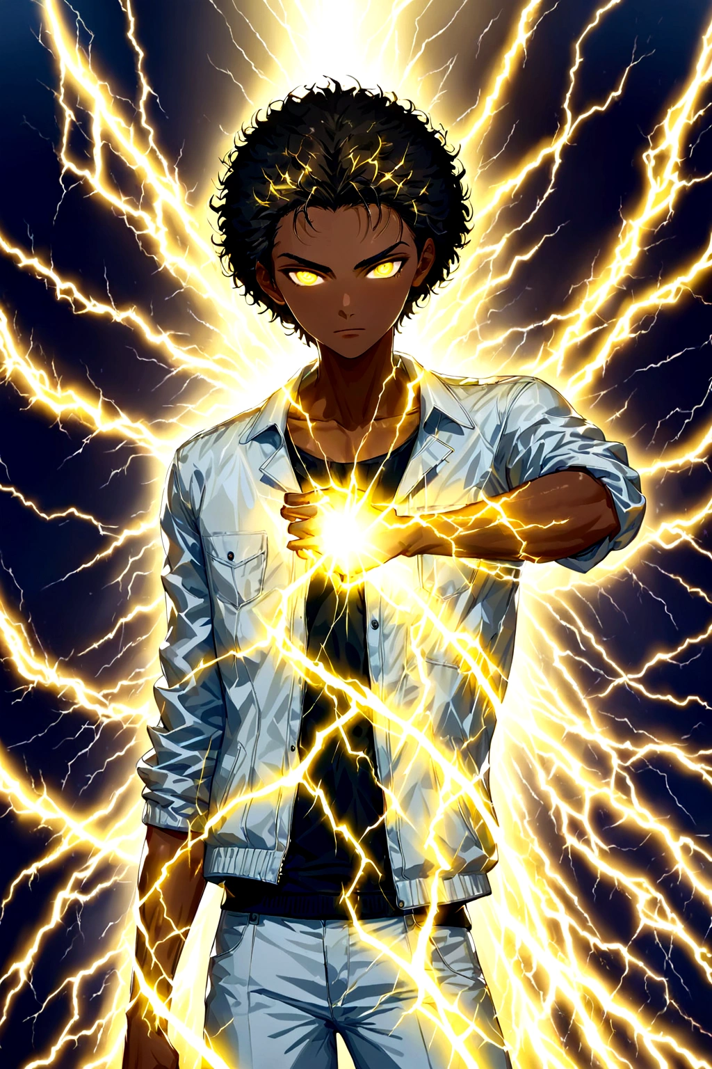 [work of art], [ultra detaild], [best qualityer], young man with dark skin strikes an imposing pose with powers of lightning and thunder that surround his body, short afro hair, serene gaze, 2000s modern casual clothing, (bright look), (rays volumetric yellow light), conjures lightning and thunder with volumetric light, conjures thunder in hands, conjures thunder on your fingers, rays expel into the body, rays in the eyes, lightning and thunder in the hair, black and yellow clothes, [spokes in front], bright illuminated look, fun and calm personality.
