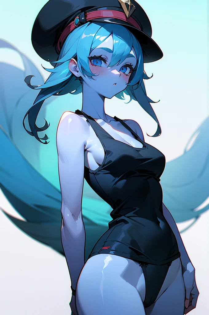 Cute girl, Smurf hat, blue skin, black tank top, panties, big