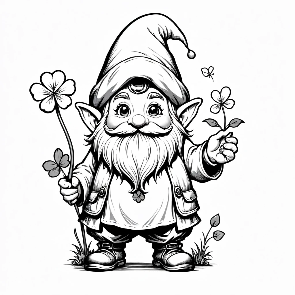 thin line drawing of gnome with a clover in hand, with the whole body