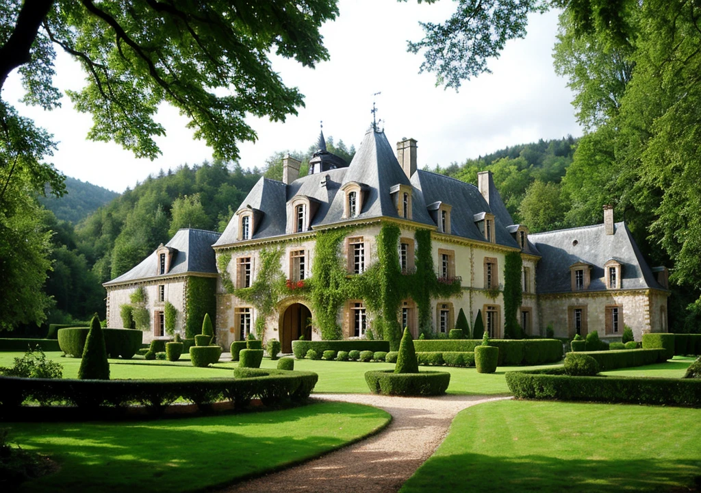 french chateau style house in fantasy forest raining relaxing