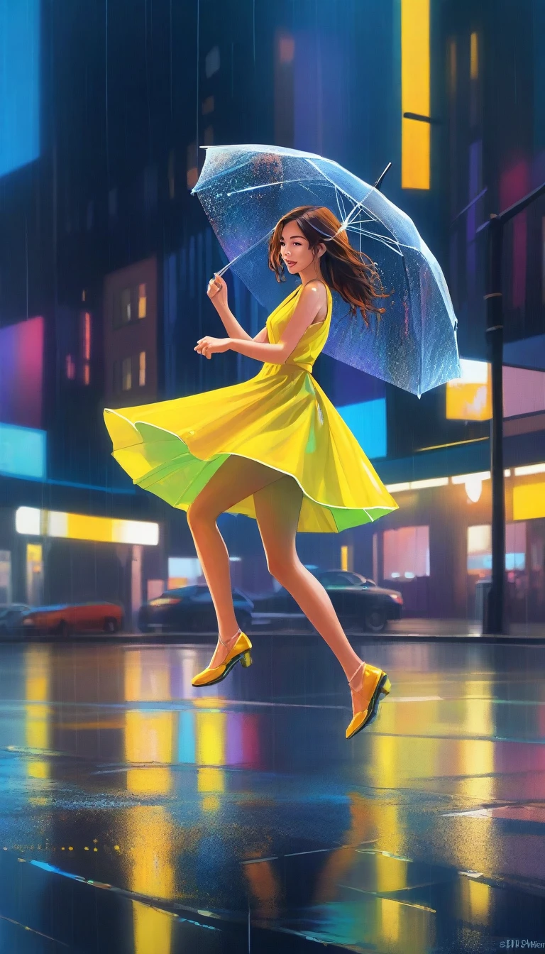 A girl twirls effortlessly in a kaleidoscope of neon raindrops, her umbrella abandoned on the wet pavement. The downpour of vibrant hues creates a mesmerizing backdrop as she spins and leaps to the rhythm, her bright yellow dress glistening with each movement. The cityscape hums with energy, reflected in her joyful abandon.