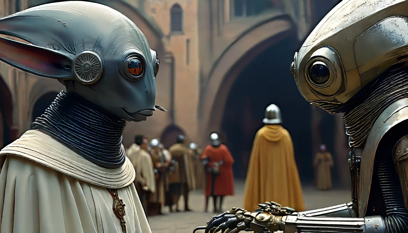 In portrait, characters inspired by the Start Wars universe by Ralph McQuarrie and Andrei Kolkoutine, Wayne Barlowe in a Middle Ages setting, as robots, exotic alien beings interacting with people, inspired by Hieronymus Bosch and Shaun Tan. Directed by George Lucas. ((cinematic film)), ultra detailed, intricate, sharp focus, object texture, Studio photo, detalhes intricates, highly detailed, in Real Photo style, hyper-realistic, High dynamic range, rich colors, Realistic textures, 8K uhd , high color depth, Nikon D 850 |, Porta Kodak 400, fujifilm XT |