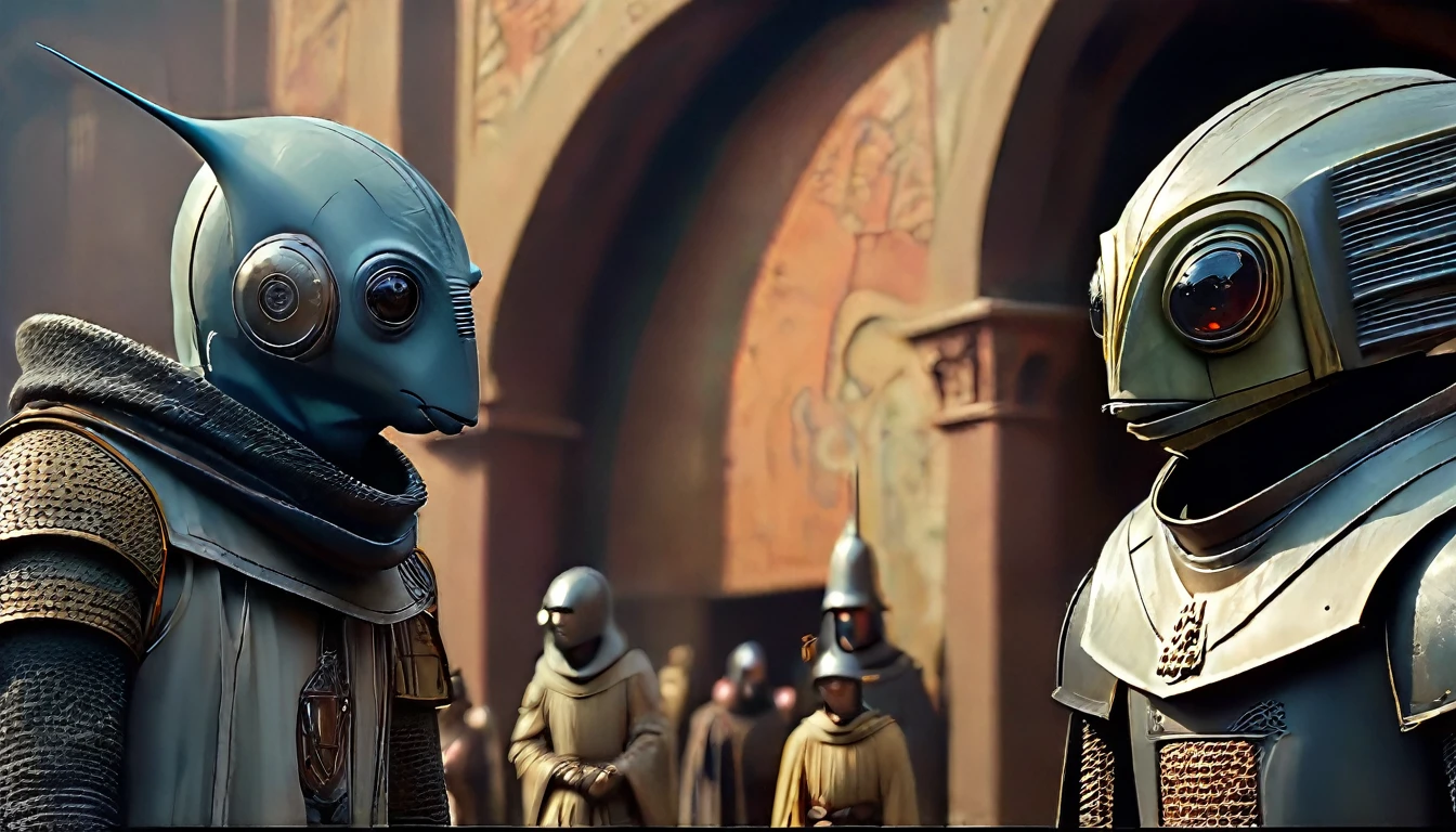 In portrait, characters inspired by the Start Wars universe by Ralph McQuarrie and Andrei Kolkoutine, Wayne Barlowe in a Middle Ages setting, as robots, exotic alien beings interacting with people, inspired by Hieronymus Bosch and Shaun Tan. Directed by George Lucas. ((cinematic film)), ultra detailed, intricate, sharp focus, object texture, Studio photo, detalhes intricates, highly detailed, in Real Photo style, hyper-realistic, High dynamic range, rich colors, Realistic textures, 8K uhd , high color depth, Nikon D 850 |, Porta Kodak 400, fujifilm XT |