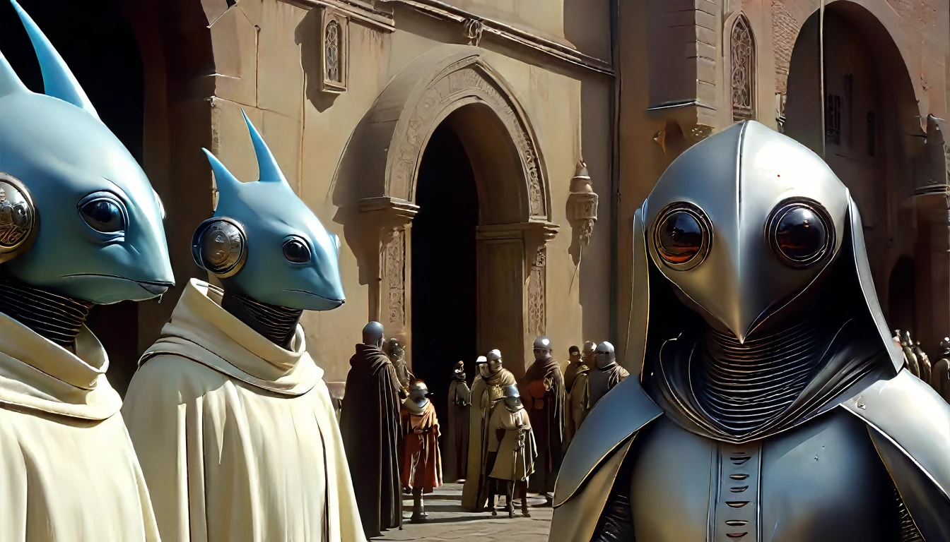 In portrait, characters inspired by the Start Wars universe by Ralph McQuarrie and Andrei Kolkoutine, Wayne Barlowe in a Middle Ages setting, as robots, exotic alien beings interacting with people, inspired by Hieronymus Bosch and Shaun Tan. Directed by George Lucas. ((cinematic film)), ultra detailed, intricate, sharp focus, object texture, Studio photo, detalhes intricates, highly detailed, in Real Photo style, hyper-realistic, High dynamic range, rich colors, Realistic textures, 8K uhd , high color depth, Nikon D 850 |, Porta Kodak 400, fujifilm XT |