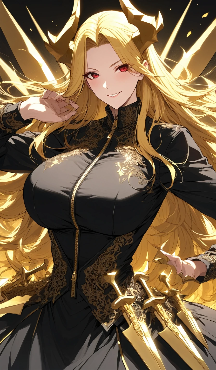 Masterpiece, very detailed, ultra detailed, one, (1 woman), she is in a monochrome black dress with gold details, with zipper knives in each hand and in a stable and fighting position, super mature, tall, milf, mature mother, long hair, straight hair, bright yellow hair and parting on the sides, yellow demonic horns, beautiful, charming, bright blood-red eyes, elegant, large breasts, kind smile, charming, against the background of golden thunderous and golden zippers.