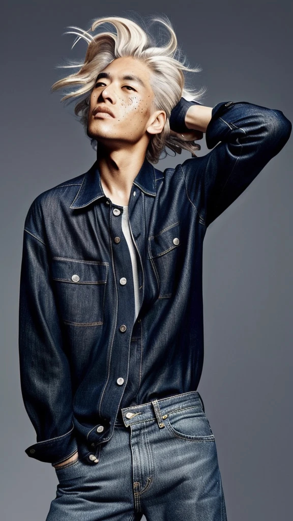 a asian man, model, platinum medium hair falling loosely and naturally over his face with soft waves, has visible freckles on nose andcheckbones, fair shaved skin, dark and expressive eyes, and natural lips, shooting to a fashion editorial of Calvin Klein Jeans