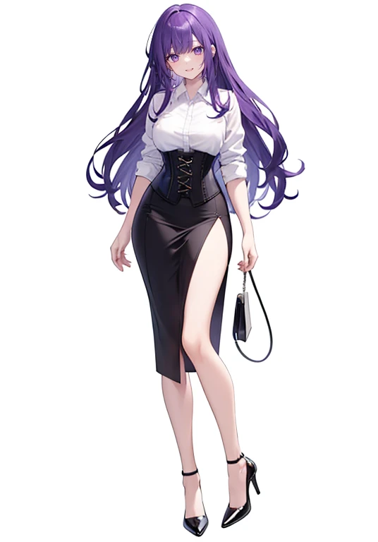 Purple hair,long hair,Adult female,suit,((White shirt)),((Rolling up your sleeves shirt)),(corset),(skirt),(slit),High heels,((Simple White background)),Smile,((Full body)),((whole body)),(((upright)))