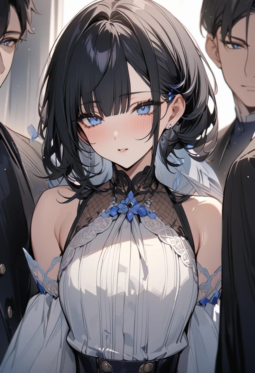 (Very delicate and beautiful:1.2), 8K, (masterpiece, Highest:1.0), 1 male (Short black quiff hair with soft fringe, The bangs are parted on the side:7. Ratio) (blue eyes), 1 female (Short black hair with bangs) (blue eyes), Upper Body Shot, 1 male、1 female