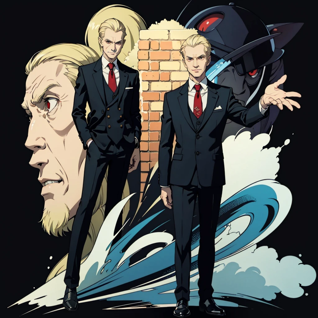 1 old man, blonde hair, suit, portrait,  red eyes,furious,evil smile,80 years old,full body,whole body,