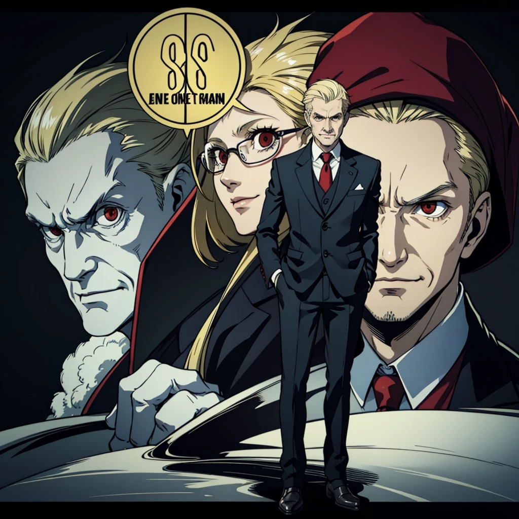 1 old man, blonde hair, suit, portrait, red eyes,furious,evil smile,80 years old,full body,whole body,