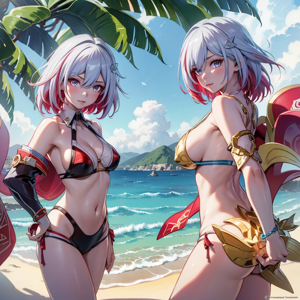 1girl, beautiful detailed eyes, beautiful detailed lips, extremely detailed face and skin, topaz from honkai: star rail, bikini, beach, sunlight, tropical landscape, detailed foliage, crystal clear water, golden sand, warm color palette, soft lighting, cinematic, photorealistic, 8k, highest quality, masterpiece
