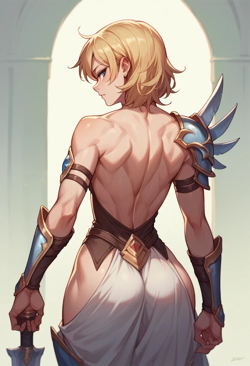 rear view of young sexy blonde female valkyrie
