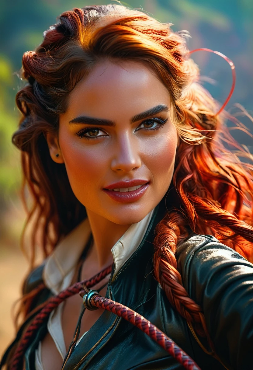 (best quality,4k,8k,highres,masterpiece:1.2),ultra-detailed,(realistic,photorealistic,photo-realistic:1.37), a beautiful female animal tamer, whip in hand, detailed face and expression, detailed clothing, high quality detailed portrait, hyper realistic, cinematic lighting, dramatic contrast, vibrant colors, fantasy art, moist skin texture, hyper detailed skin texture, Whip for taming wild animals, toned body
