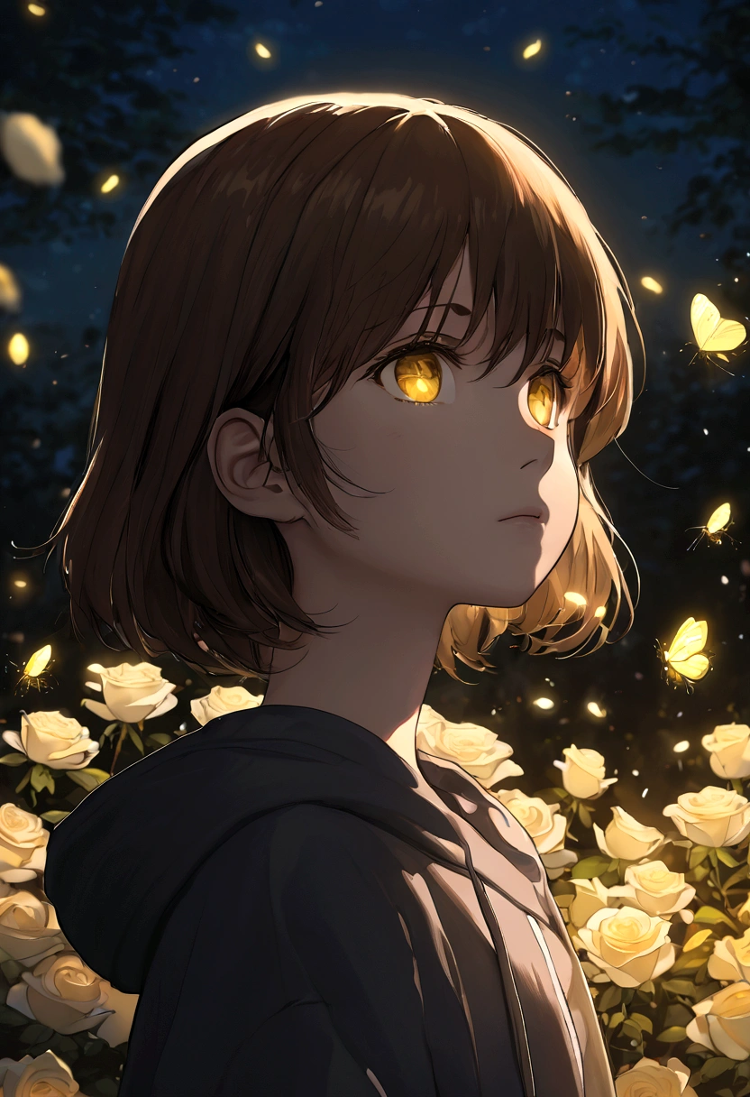 face focus, masterpiece, best quality, 1girl, Frisk, white roses, petals, night background, fireflies, light particle, solo, Brown hairs, yellow eyes, standing, pixiv, depth of field, cinematic composition, best lighting, looking up
