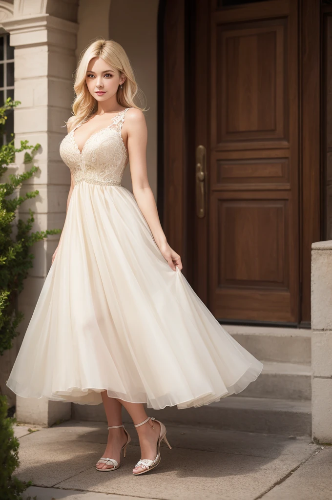 A beautiful blonde woman, with beautiful dress