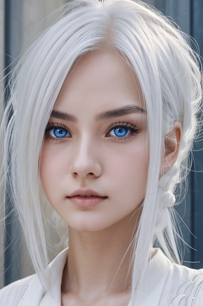 Generates the image of a 19-year-old woman with the appearance of gojo satoru female version, White hair, long and layered, white eyelashes and delicate features and very remarkable blue eyes.