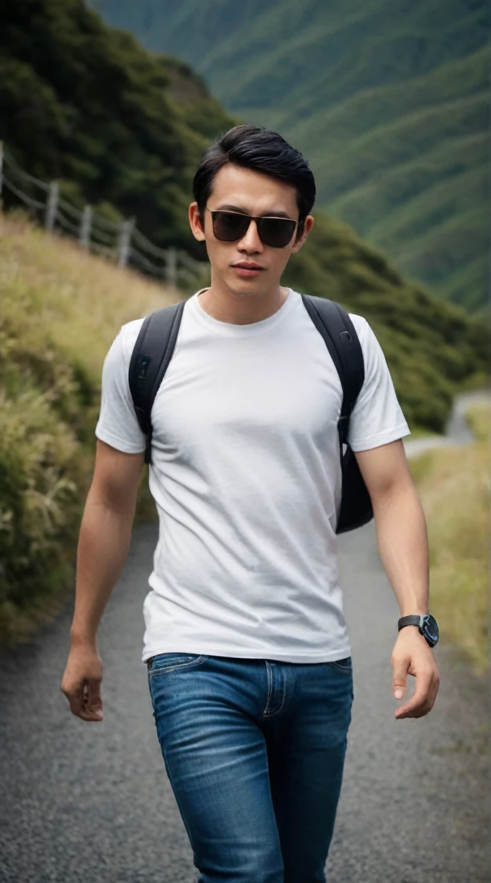 A man wearing white tshirt and blue jeans, wearing sunglasses and bag, wearing twatch in the left hand, greenland background, 4D realistic