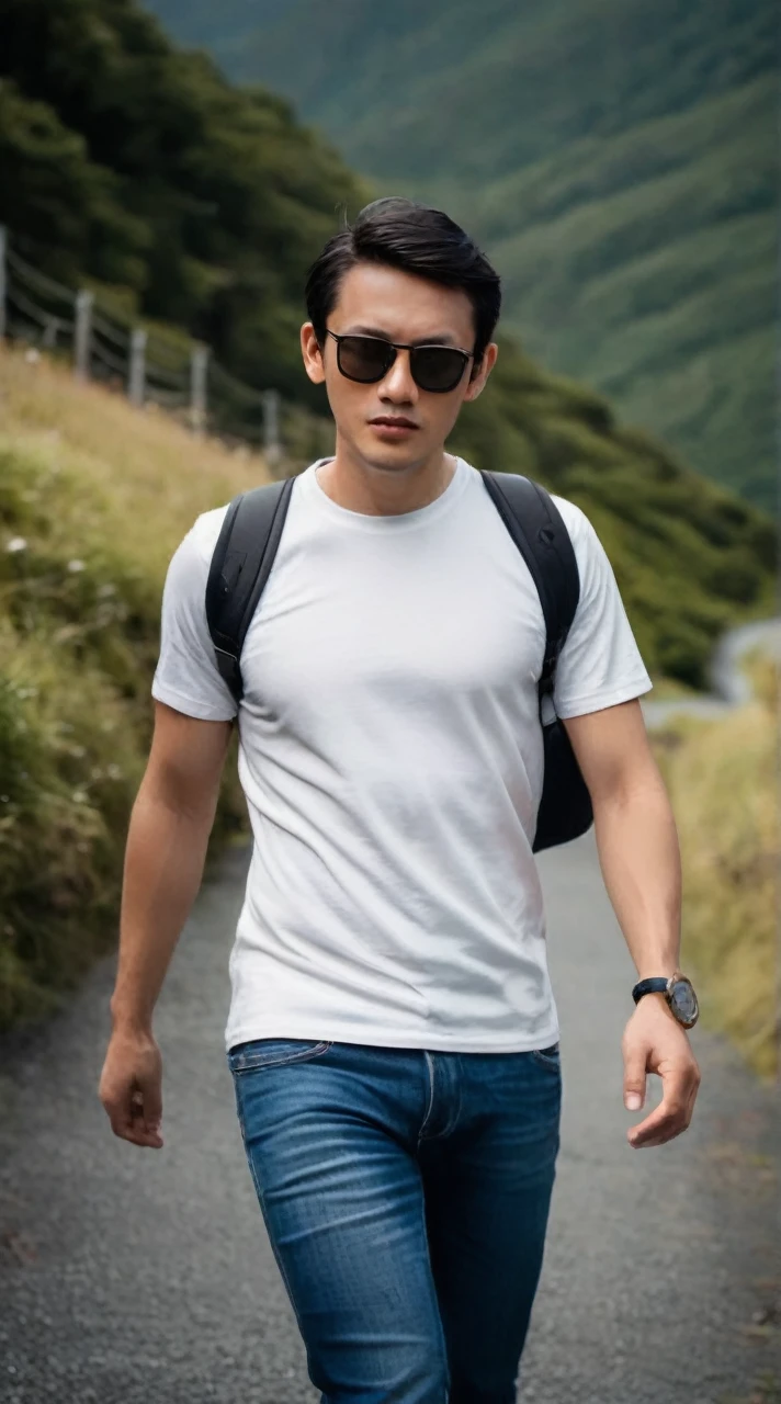 A man wearing white tshirt and blue jeans, wearing sunglasses and bag, wearing smartwatch in the left hand, greenland background, 4D realistic