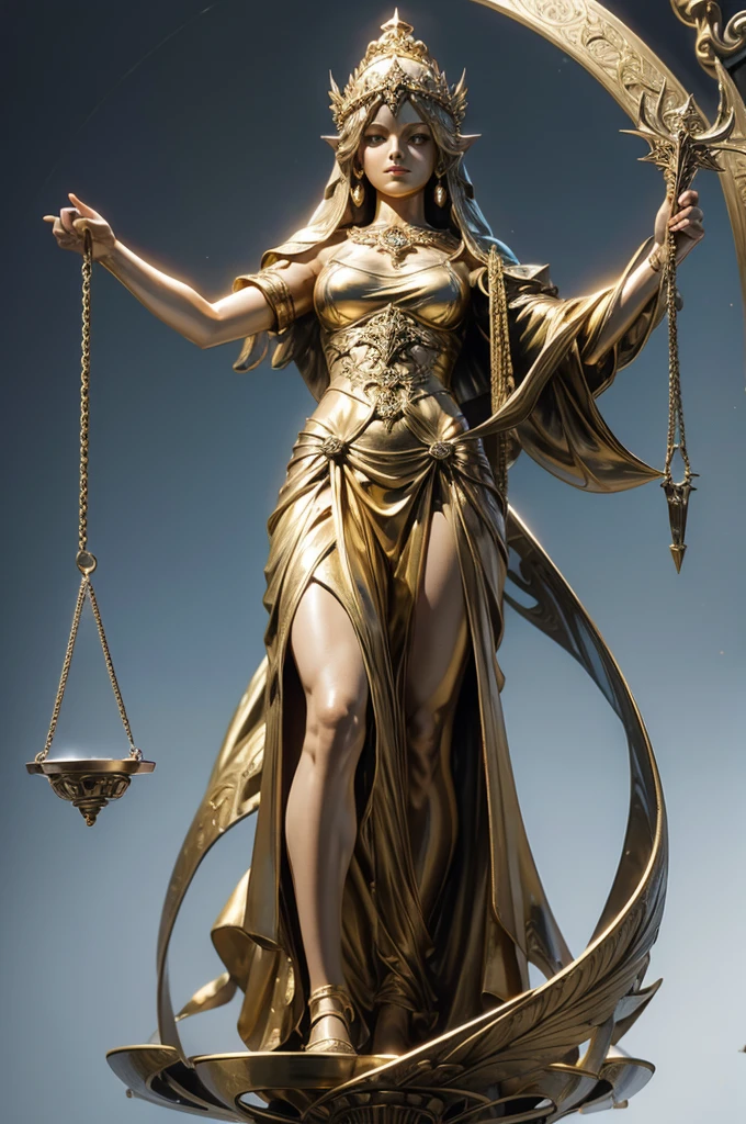 Front view of Lady Justice, Themis, holding scales in one hand and making a stop gesture with the other hand, isolated on a transparent background, no background. The statue should appear regal and authoritative, symbolizing justice and the enforcement of law. Emphasize a detailed and high-quality depiction of Lady Justice, with the scales clearly visible and her stop gesture prominent and assertive.