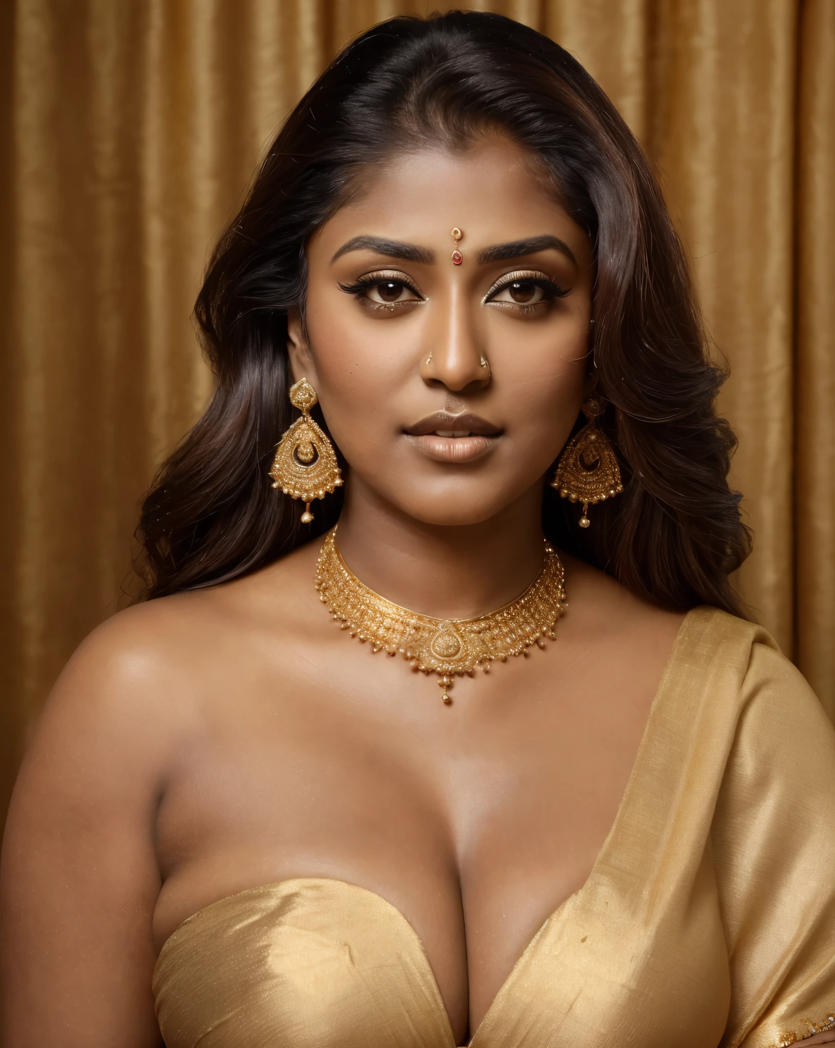 Looks like Nayanthara, thick figure, bulky figure, fleshy figure, black lips, beautiful hypnotizing gazing eyes, Full figured woman, heavy figure, attractive, gorgeous, stunning beauty, milf, 50 years old Woman, attractive body, araffe woman in a gold sari posing for a picture, chocolate skin, skin pores, sweat, incredible skin texture, wearing gold jewellery, photo of a hand jewellery model, sexy girl with dark complexion, indian girl with brown skin, traditional beauty, wearing elegant jewellery, traditional makeup, with small studded earings, indian goddess, indian, intricate thin details in gold, gold jewellery, modeling shoot, 7 0 mm portrait