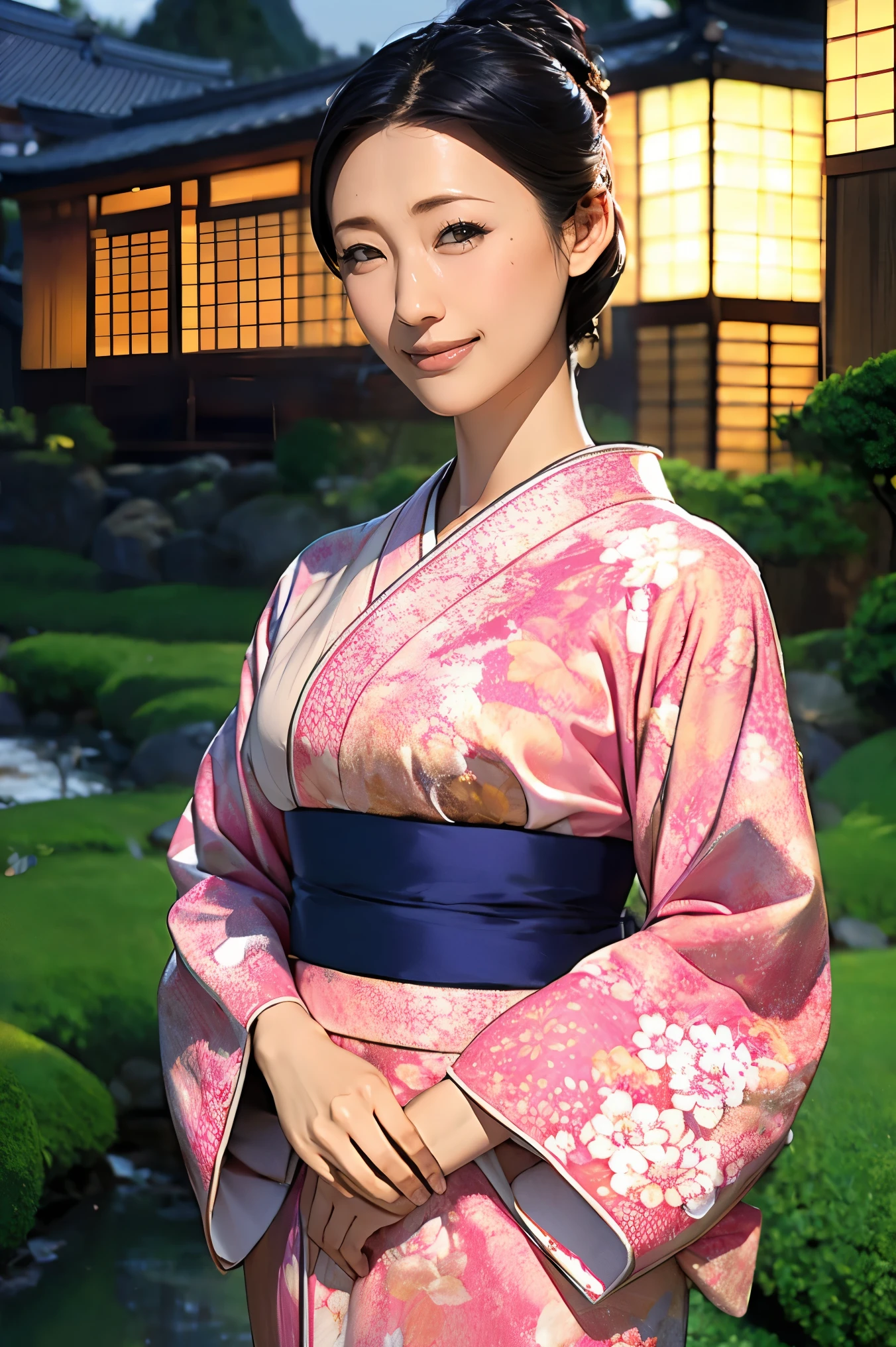 (Highest quality、Tabletop、Best image quality、Award-winning works)、 The proprietress of a beautiful inn、(Elegant floral kimono:1.3)、Perfect female portrait photography、Glowing Skin、Standing Elegantly、(An elegant inn:1.1)、(Beautiful Japanese garden blurred in the background:1.3)、(Background of a Japanese inn with a garden:1.2)、(The most romantic and moody:1.1)、(Tyndall effect:1.2)、Great cinema lighting、Glowing Skin、smile、(Large Breasts:1.1)、(Voluptuous body:1.1)、Accentuate your body lines、Upper body photo、Chignon、smile、standing elegantly、Elegant standing posture