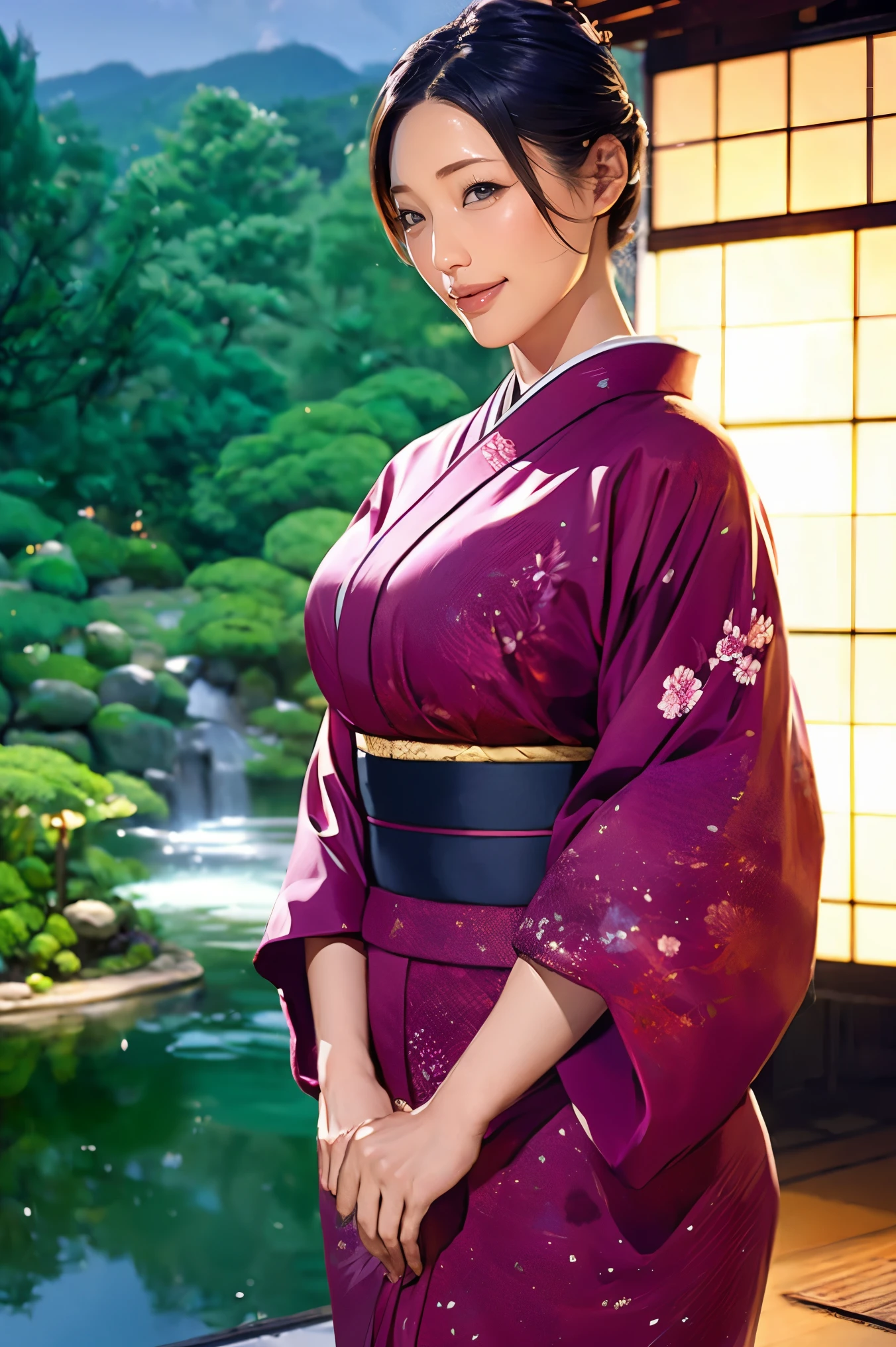 (Highest quality、Tabletop、Best image quality、Award-winning works)、 The proprietress of a beautiful inn、(Elegant floral kimono:1.3)、Perfect female portrait photography、Glowing Skin、Standing Elegantly、(An elegant inn:1.1)、(Beautiful Japanese garden blurred in the background:1.3)、(Background of a Japanese inn with a garden:1.2)、(The most romantic and moody:1.1)、(Tyndall effect:1.2)、Great cinema lighting、Glowing Skin、smile、(Large Breasts:1.1)、(Voluptuous body:1.1)、Accentuate your body lines、Upper body photo、Chignon、smile、standing elegantly、Elegant standing posture