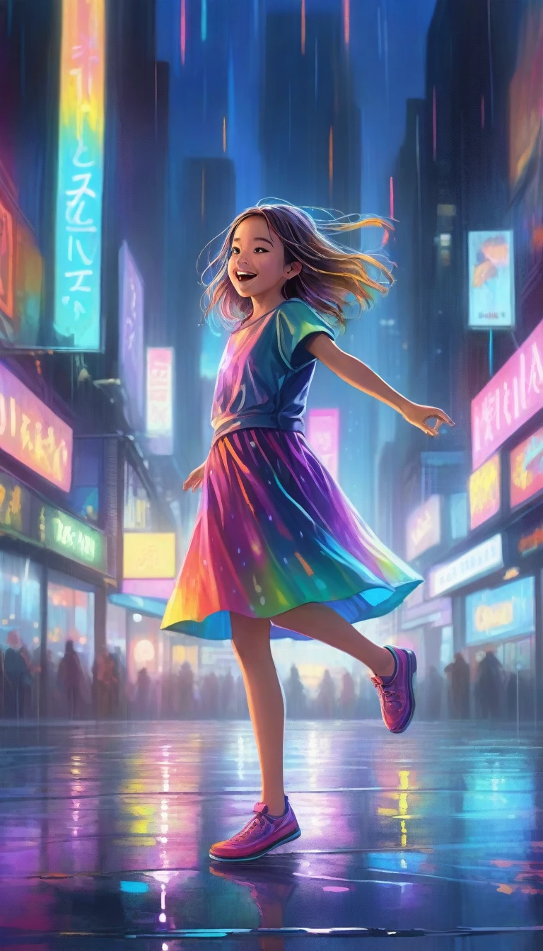 A close-up shot of a young girl's ecstatic face shines amidst a mesmerizing backdrop of neon raindrops falling around her. She twirls and spins to an unseen rhythm, her long hair whipping about her head like a colorful aura. The cityscape's vibrant lights reflect off the wet pavement, casting a kaleidoscope of colors at her feet.