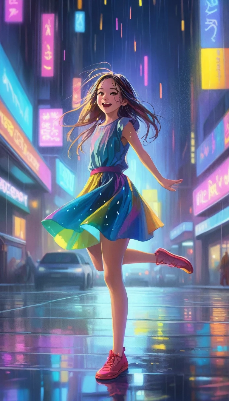 A close-up shot of a young girl's ecstatic face shines amidst a mesmerizing backdrop of neon raindrops falling around her. She twirls and spins to an unseen rhythm, her long hair whipping about her head like a colorful aura. The cityscape's vibrant lights reflect off the wet pavement, casting a kaleidoscope of colors at her feet.