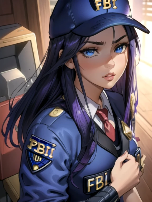 best quality, intricate details, 
1girl, long hair, ((blue eyes)), solo, black hair, Irelia, looking at viewer, purple hair,  lips, foreshortening, symmetrical eyes,    irelia,  arm ribbon, 
 skistyle, (fbi cap, fbi, blue police uniform, police badge:1.4)