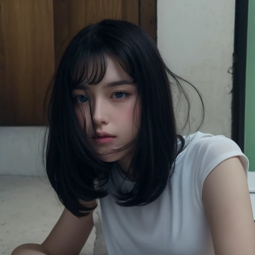 Teenage girl pale clean skin with silky and soft black wavy hair and bangs above the eyebrow, with small pink lips and a small, thin potato nose and light green eyes, taking a photo with a white crop top looking at the camera serious 