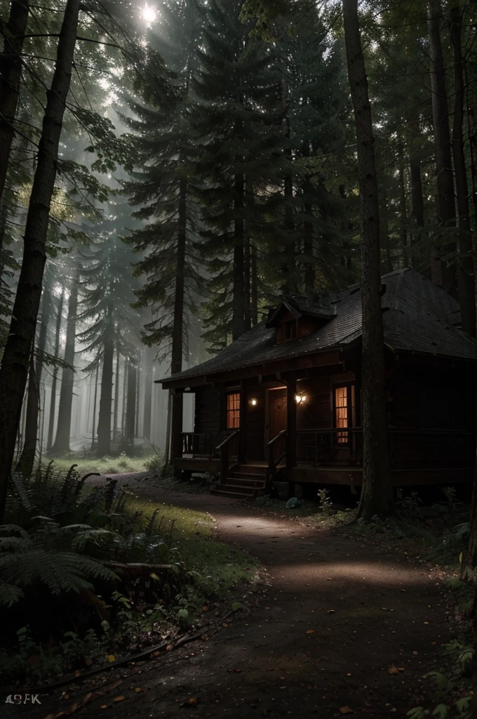 A dark and mysterious black forest, dense evergreen trees, sunlight filtering through the canopy, a overgrown forest path leading deeper into the woods, a lone cabin nestled among the trees, a deer drinking from a small stream, a full moon shining through the mist, (best quality,4k,8k,highres,masterpiece:1.2),ultra-detailed,(realistic,photorealistic,photo-realistic:1.37),dramatic lighting,cinematic atmosphere,moody and atmospheric,breathtaking landscape,rich color palette,stunning details