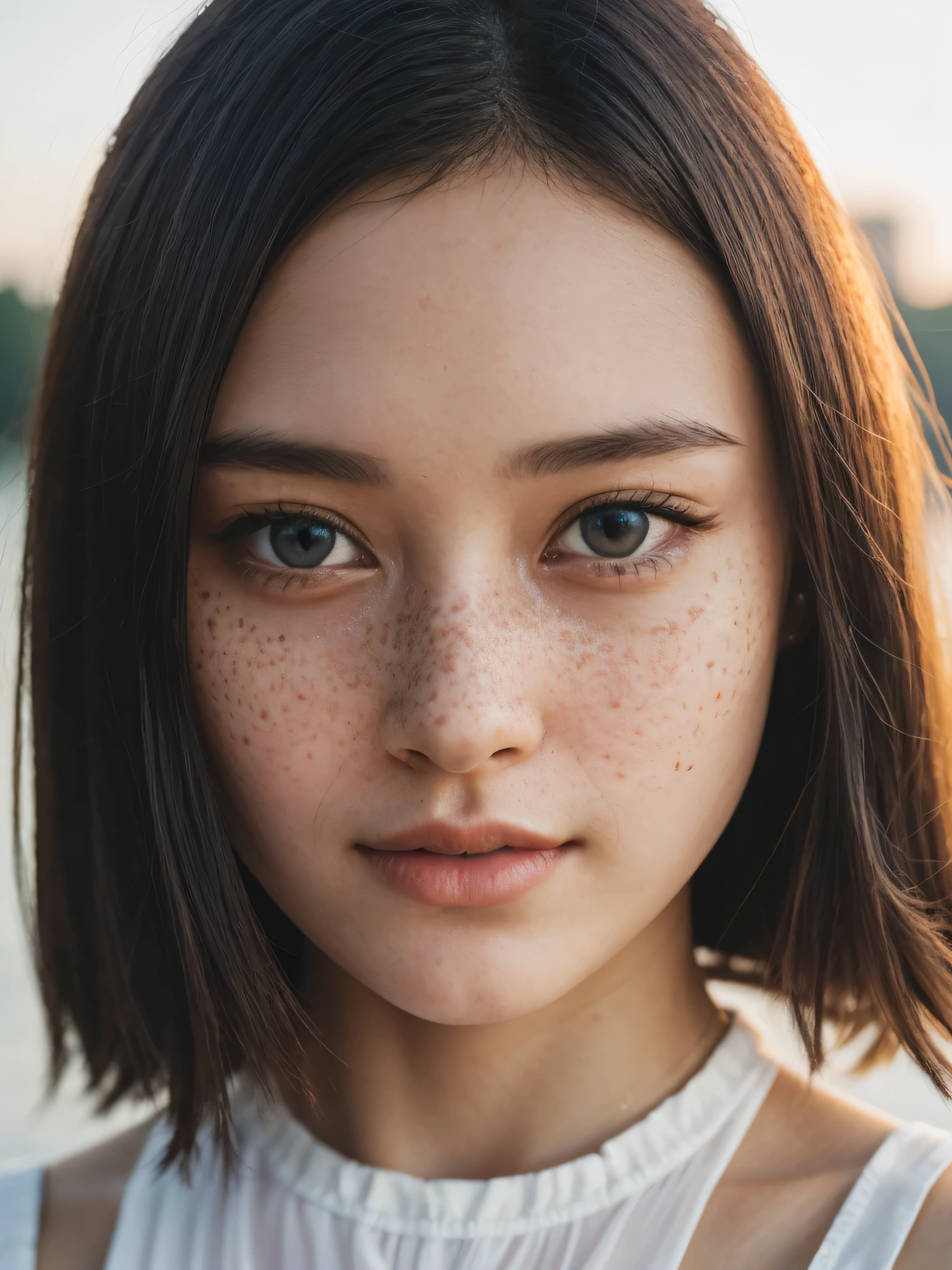(masterpiece, UHD, 8k, best quality:1.2), solo, 1girl, (photorealistic:1.2), (RAW photo), (ultimate-realistic, ultimate-realistic details, ultimate-realistic texture, ultimate-intricate details, ultimate-realistic lighting, ultimate-realistic shadow, japanese girl, 24yo, ultimate-cute face, ultimate-RAW skin, ultimate-eyes, full body, in a white dress next to a night of waitan riverside, dewy face, sunrays shine upon it, crisp detailing, no haze, modern dress, tropical, contax tix, cabincore, 8K, intricate, blue eyes ,silhouette, light shadow, film grain, Hasselblad X2D 100C + XCD 2,5/25V, F/1.8, (cinematic still:1.2), freckles, 35mm photograph, film, bokeh, professional, 4k, highly detailed, perfect fingers ,Extremely Realistic,