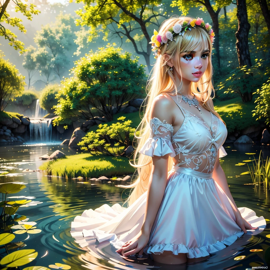 a beautiful 19 year old girl, blonde hair, in a white dress-like garment, standing in a pond up to her knees at an Ivan Kupala festival, wearing a flower crown on her head, (best quality, 4k, 8k, highres, masterpiece: 1.2), ultra-detailed, (realistic, photorealistic, photo-realistic: 1.37), cinematic, dramatic lighting, vivid colors, highly detailed portrait, intricate ornate details, breathtaking scenery, magical realism