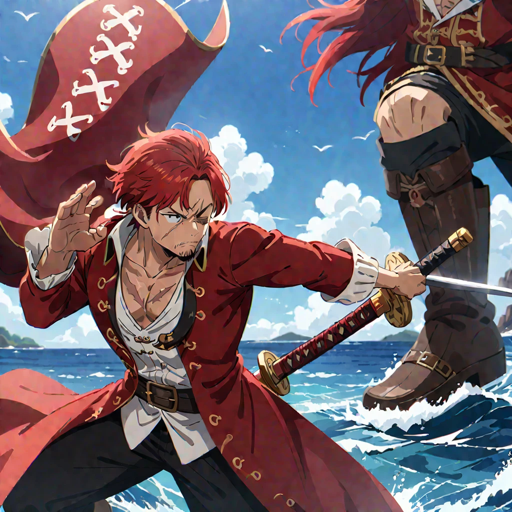 shanks, pirate captain, red hair, scar on eye, long red coat, sword, anime style, detailed, digital painting, dynamic pose, ocean background, masterpiece, 4k resolution, ((medium quality)), ((medium quality))