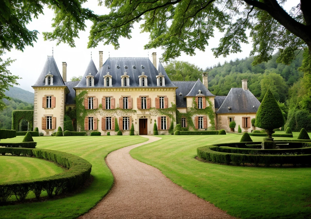 French chateau style country house in relaxing fantasy forest, Raining a lot