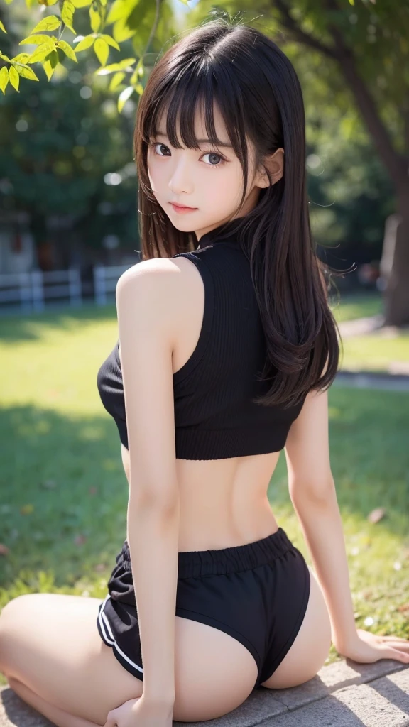 8K、Elementary school beautiful girl、A dark-haired、detailed beautiful faces、very short pants, ひまわり畑、Very strong wind、decolletage、Sit on the buttocks